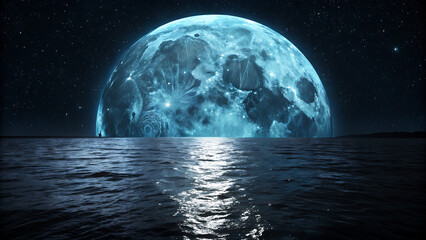 A massive, glowing blue moon rises dramatically over a dark, reflective ocean surface under a starry night sky, creating an ethereal and mysterious scene
