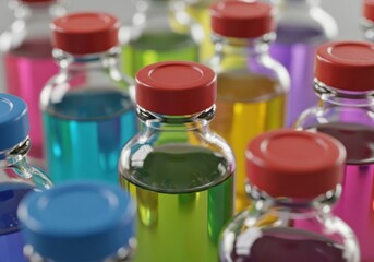 Diverse colorful liquid solutions stored in pharmaceutical vials, symbolizing breakthrough drug development and scientific research.