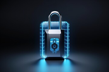 Digital padlock icon glowing with blue light, representing cyber data protection and internet security