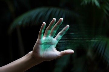 Hand connecting with artificial intelligence data streams in a natural environment