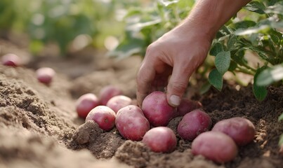 A close-up shot shows small, red-skinned potatoes being pulled from the ground