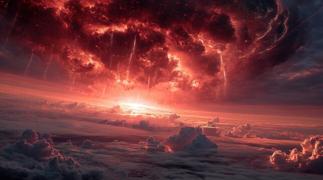 A red and orange sky with a large cloud in the middle. The sky is filled with clouds and the sun is shining brightly