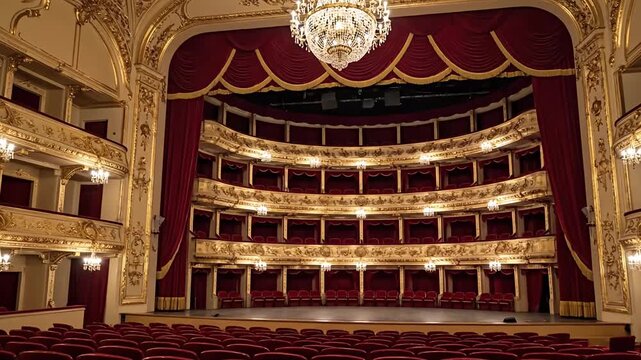 This video captures the exquisite interior of a grand, opulent performance hall, showcasing its lavish architectural details. The camera slowly moves across multiple tiers of ornate balconies adorned 