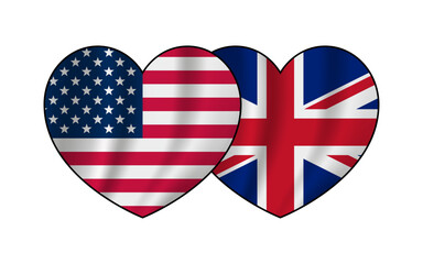 Unity concept. Heart shape icon of USA and UK flags. Vector illustration isolated on white background