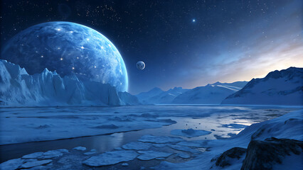 Stunning digital art of a colossal, glowing blue alien planet looming over a frozen, icy landscape under a starry night sky with distant mountains