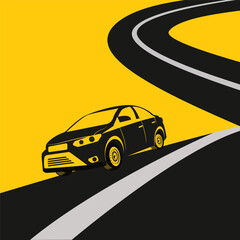 A minimalist vector illustration of a car driving along a winding road on a bright yellow background