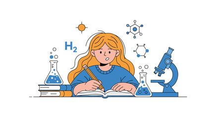 Young female student studying chemistry, writing in a notebook surrounded by beakers, a microscope, and molecular structure diagrams.