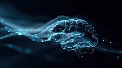 Glowing digital human brain model made of light points and connections on a dark background.