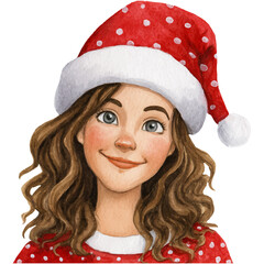 watercolor of woman smiling with christmas hat