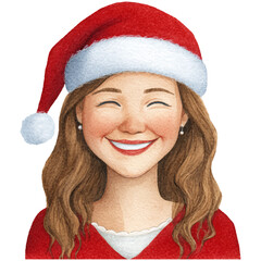 watercolor of woman smiling with christmas hat