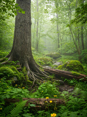 Fototapeta premium Enchanted Forest with Mossy Tree Roots and Sunlight