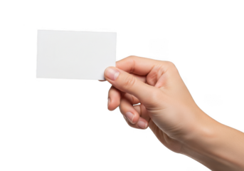 Hand holding blank white business card on transparent background