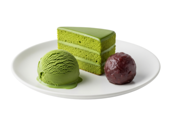 Matcha Cake Slice with Ice Cream and Anko Mochi Dessert