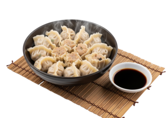 Steaming Hot Asian Dumplings Served with Soy Sauce