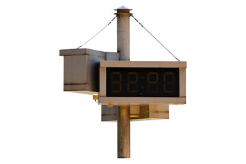 Digital Signs symbol LED electric Thermometer marking show red number 33 degrees celsius isolated on cutout PNG or transparent background. Air temperature.