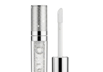 Clear lip gloss tube with silver cap and wand applicator