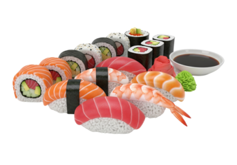 Assorted Sushi Platter with Soy Sauce, Maki Rolls, Nigiri