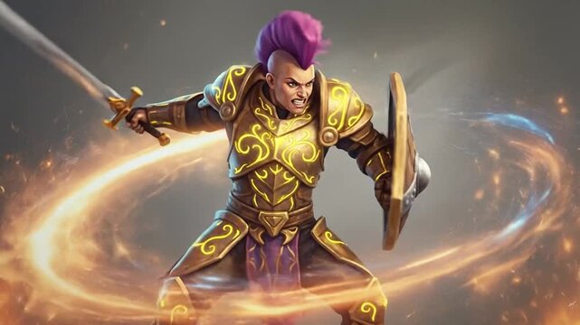 Intense Golden Armored Fantasy Warrior Wielding Sword in Dynamic Magical Combat