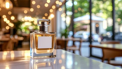 Luxury Perfume Bottle Mockup &ndash; Transparent Glass, caf&eacute; background.
