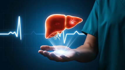 Medical doctor holding a glowing holographic diseased human liver model over a blue digital heartbeat line, concept for medical innovation, future diagnosis and healthcare technology presentation - Powered by Adobe