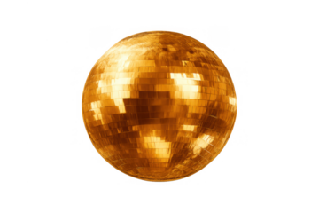 Golden disco ball reflecting lights for party event, nightlife celebration, music entertainment isolated on transparent background