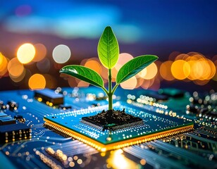 Plant sprouting from a computer chip, city lights blurred in background