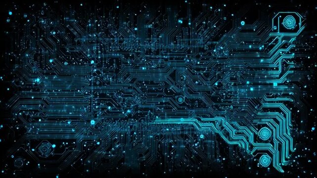 Symmetrical digital map of a complex microchip circuit with blue light