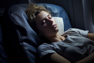 Fototapeta premium Woman peacefully sleeping in an airplane seat, resting during long distance travel