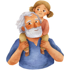 illustration of elderly man with beard smiling and carrying his daughter on shoulders