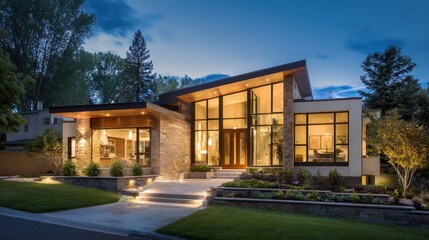 Naklejka premium Modern luxury house architecture with glass walls and stone facade at twilight.