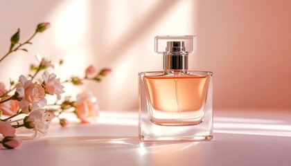 Luxury Perfume Bottle Mockup &ndash; Transparent Glass, Soft Coral / Peach
