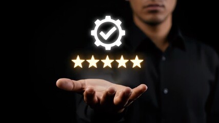 Business executive holds a glowing five-star rating and verified quality icon floating above his open hand, concept for service evaluation, performance reporting and customer satisfaction metrics - Powered by Adobe