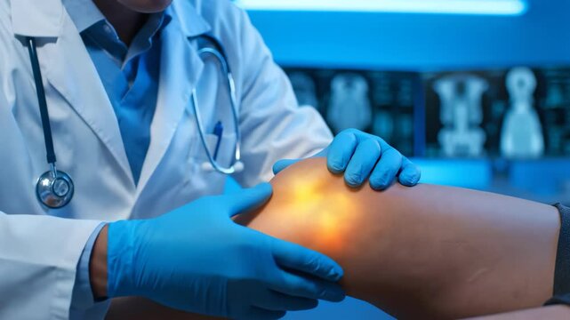 The orthopedist in medical gloves examines a patient's leg, focusing on a highlighted area suggesting knee pain, concept for orthopedic diagnosis, medical treatment and physical therapy services
