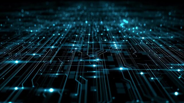 Infinite digital grid of glowing microchip pathways representing artificial intelligence