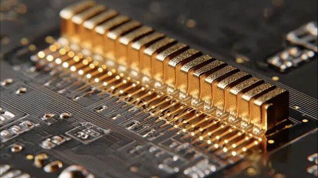 Isolated view of a central processing unit chip with glowing gold accents