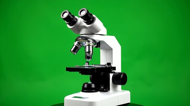 White microscope on green background laboratory equipment.