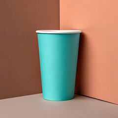 Teal paper cup standing in a corner with brown and peach walls