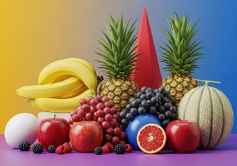 Vibrant Still Life of Tropical Fruits and Berries with Geometric Shapes on a Bold Color Background for Modern Health Marketing.
