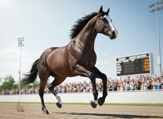 Magnificent Bay Racehorse Galloping on the Track, Kicking Up Dust During a Championship Race for High-Stakes Victory.