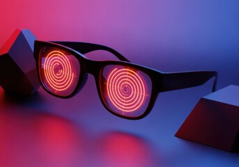 Futuristic Smart Glasses Showing Targeting System. Augmented Reality vision concept symbolizing precision, surveillance, and strategic focus in neon light.