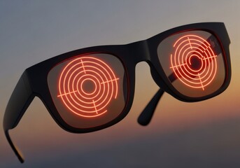 High-Tech Glasses Display Glowing Red Radar Targets Against Twilight Sky, Symbolizing Data Focus and Marketing Strategy Success.