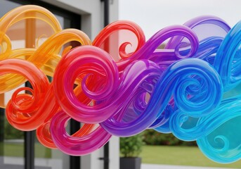 Abstract fluid ribbons swirling in bright gradient colors floating near modern building facade, representing dynamic digital connectivity.