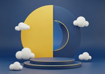 Abstract 3D Geometric Podium Display Stage with Blue and Yellow Backdrop and Cute Clouds for Premium Product Placement and E-commerce Promotion.