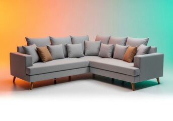 Modern Sectional Sofa Standing Against a Vibrant Orange and Teal Gradient Background, Perfect for Luxury Home Decor E-commerce.