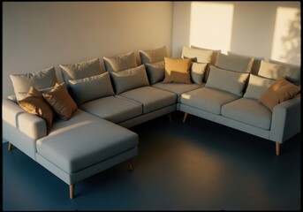 Spacious Modern Sectional Sofa in Minimalist Living Room Bathed in Warm Sunlight, Offering Ultimate Comfort and Home Luxury Design Concept.