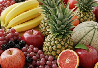 Bountiful display of fresh tropical and seasonal fruits promoting healthy eating, essential vitamins, and natural wellness marketing content.