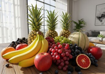 Vibrant Assortment of Fresh Fruits Displayed on a Wooden Table in a Bright, Modern Home Setting, Symbolizing Health and Abundance.
