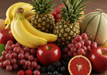 Vibrant Tropical and Berry Fruit Medley Piled Up on Table, Showcasing Healthy Eating and Natural Vitamin Abundance for Wellness Campaigns.