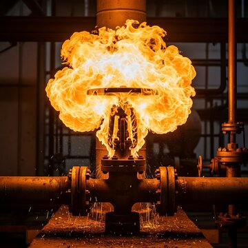 Industrial pipeline flange failure results in dramatic gas leak fire explosion at processing facility