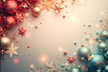 Colorful Christmas ornaments and snowflakes are arranged decoratively around the edges of a softly lit background.